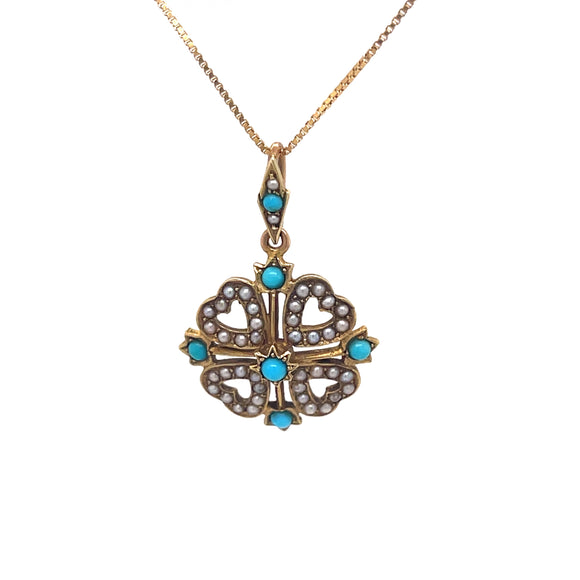 Antique Turquoise and Seed Pearl Pendant