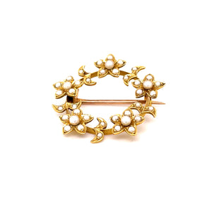 Antique Pearl Wreath Brooch in 18ct Gold