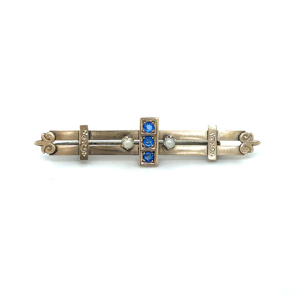 Antique Synthetic Sapphire and Pearl Brooch in 9ct Gold
