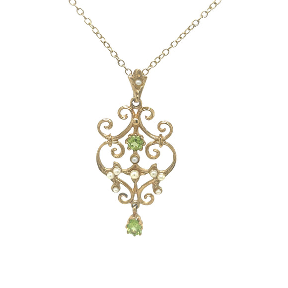 Vintage Peridot and Seed Pearl Lavalier Pendant in 9ct Gold