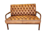 Button Backed Leather Settee with Solid Timber Armrests