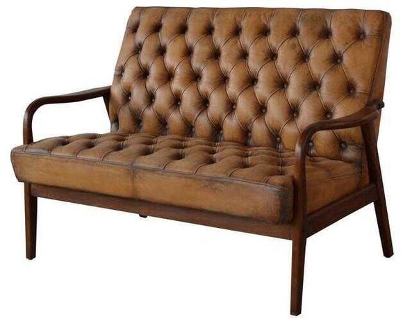 Button Backed Leather Settee with Solid Timber Armrests