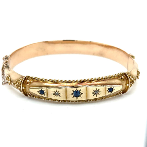 Antique Sapphire Diamond Etruscan Style Bangle in Rose Gold