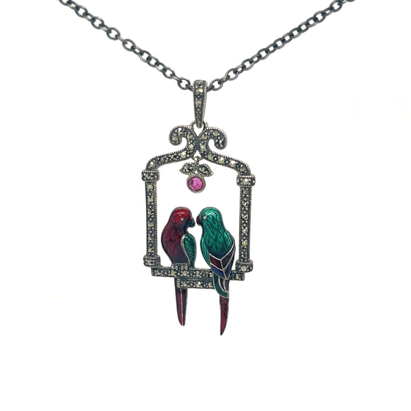 Parrot Necklace with Marcasite, Ruby and Enamel in Sterling Silver