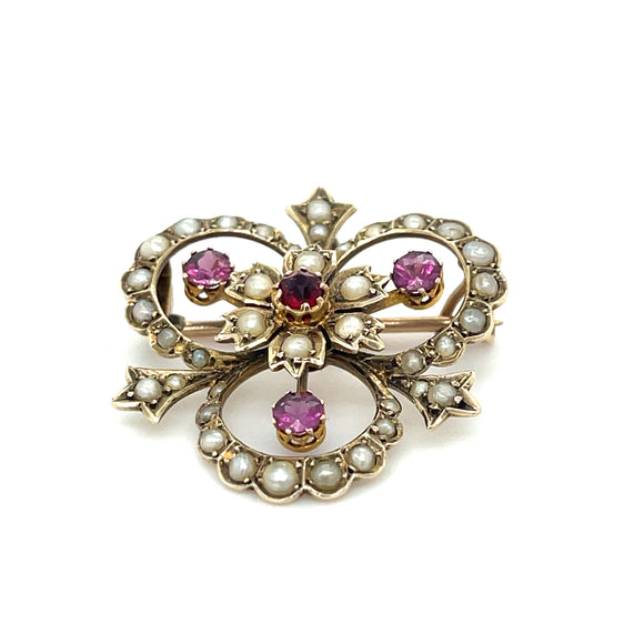 Antique Seed Pearl Pink Tourmaline Brooch