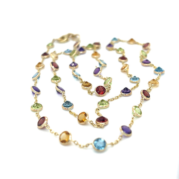 Multi Coloured Gemstone Necklace 60cm in 14ct Yellow Gold