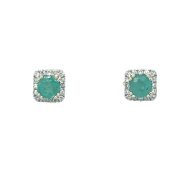 Emerald Diamond Square Halo Stud Earrings