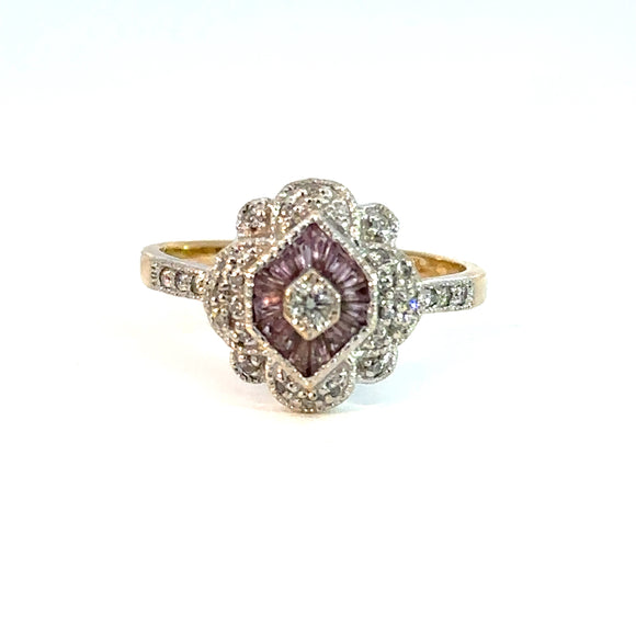 Diamond and Pink Tourmaline Art Deco Style Ring in 18ct Gold