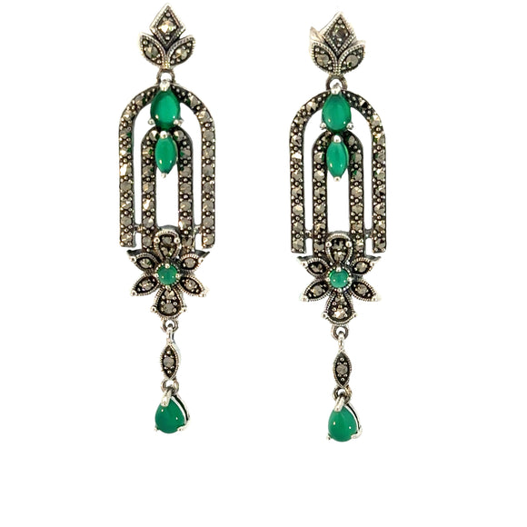 Green Agate and Marcasite Floral Drop Earrings in Sterling Silver
