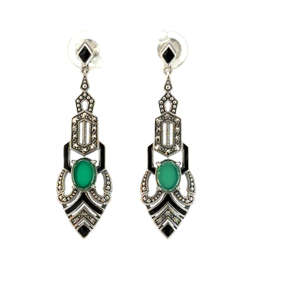 Green Agate, Marcasite and Black Enamel Art Deco Style Earrings in Sterling Silver