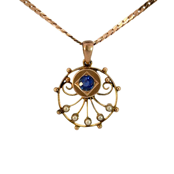 Antique Synthetic Sapphire Seed Pearl Pendant
