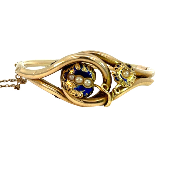Victorian Pearl Enamel Bangle in 9ct Yellow Gold