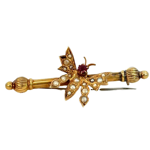 Antique Ruby Pearl Butterfly Bar Brooch