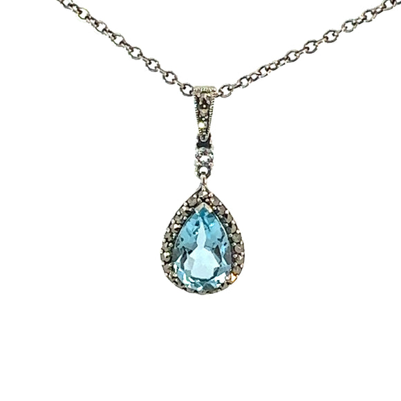 Pear Cut Blue Topaz and Marcasite Necklace in Sterling Silver