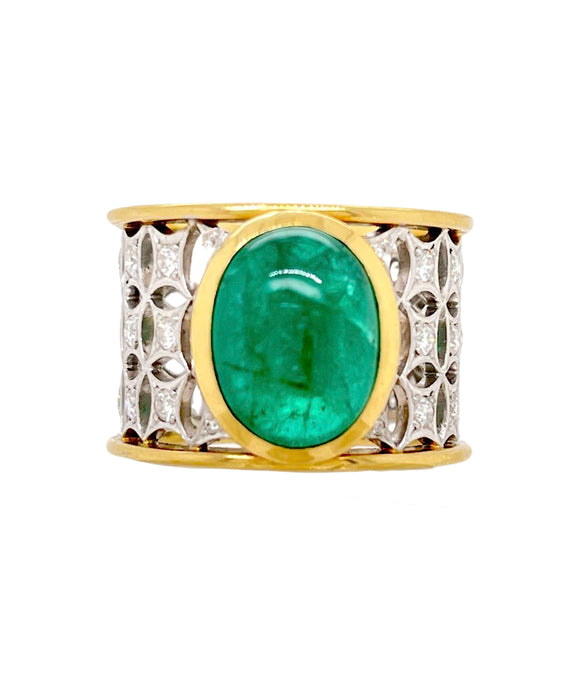 Cabochon Emerald Diamond Band Ring