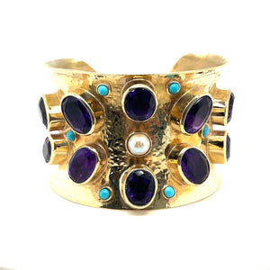 Amethyst, Turquoise and Pearl Cuff Bangle in 9ct Gold
