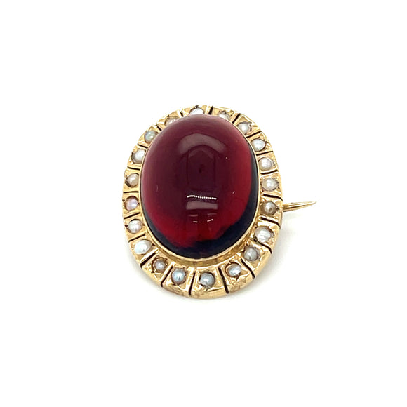 Antique Cabochon Garnet and Seed Pearl Brooch in 9ct Gold