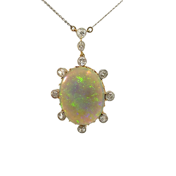 Antique 15ct Opal and Diamond Necklace on Platinum Chain