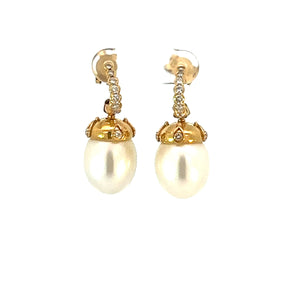 South Sea Pearl Diamond Drop Earrings set in 18ct yellow gold