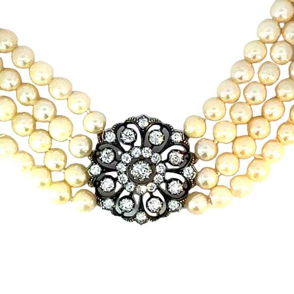 Antique Victorian Diamond Akoya Pearl Necklace