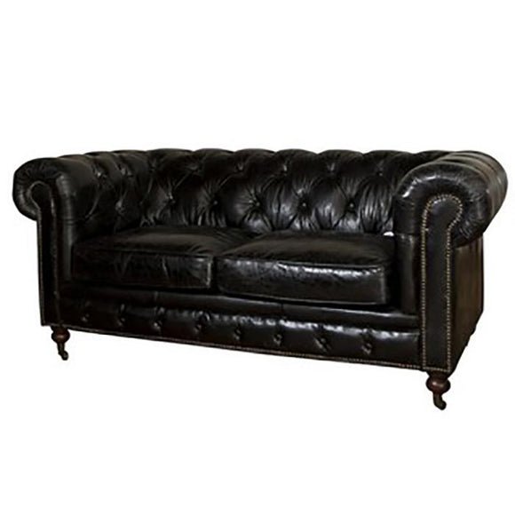 Buttoned Leather 2 Seater Sofa in Black