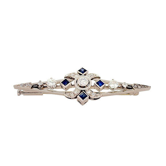 Art Deco Style Platinum Diamond Sapphire Brooch