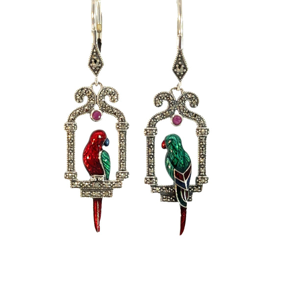 Parrot Earrings with Marcasites, Ruby and Enamel in Sterling Silver
