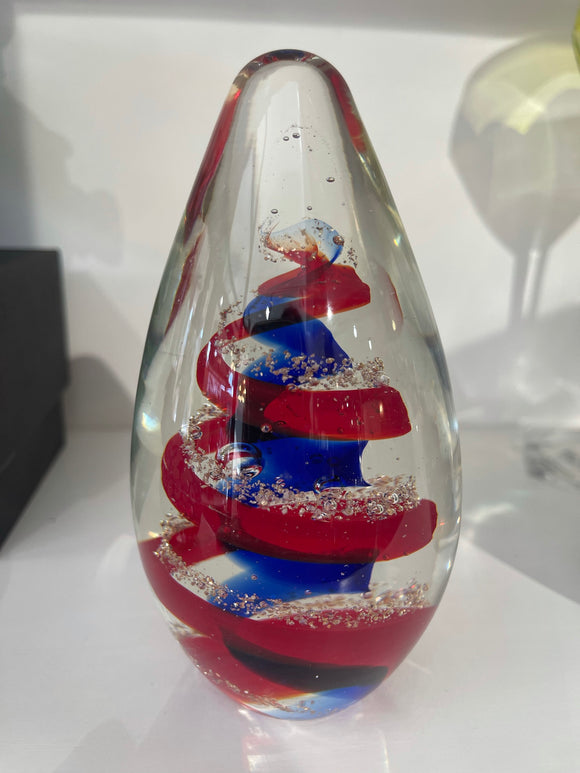 Glass Paperweight with Red Blue Swirls