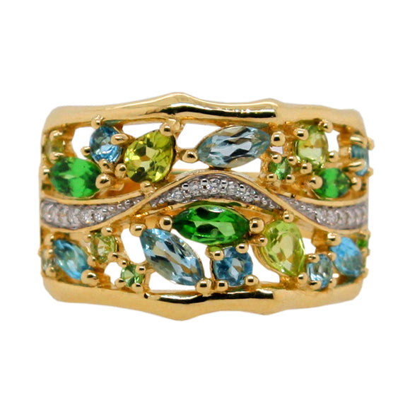 Multi Coloured Gems and Diamond Ring